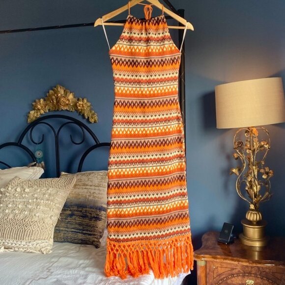 SHEIN Other - Orange Zig Zag Diamond Knit Stretchy Halter Beach Dress w Tassels